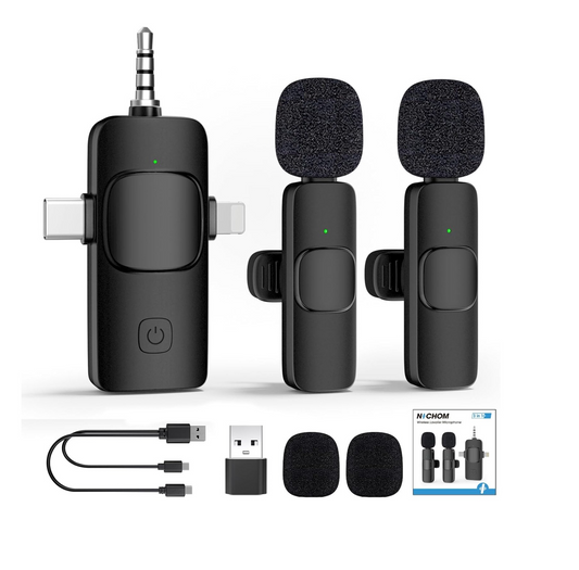 Double Wireless Lavalier Lapel 3-in-1 Microphone For Mobile Phones for Vlog, Podcast, TikTok, YouTube