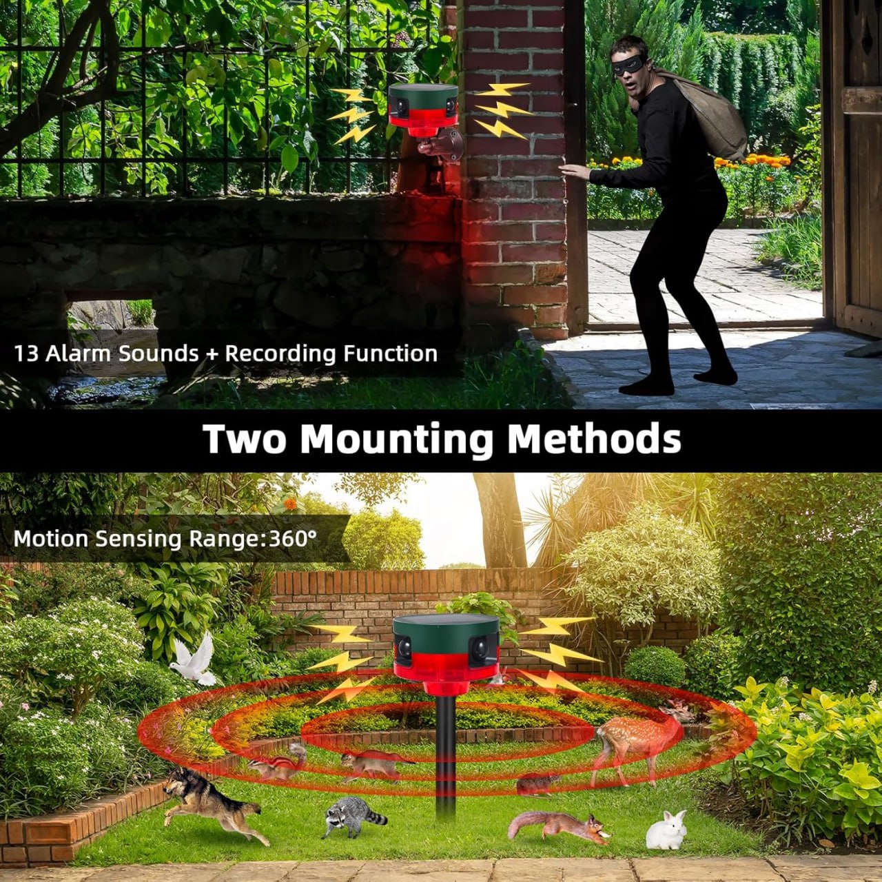 Solar Outdoor Motion Sensor Alarm - 360° Motion Detector Alarm - Complete Kit with USB Charging and Installation Tools