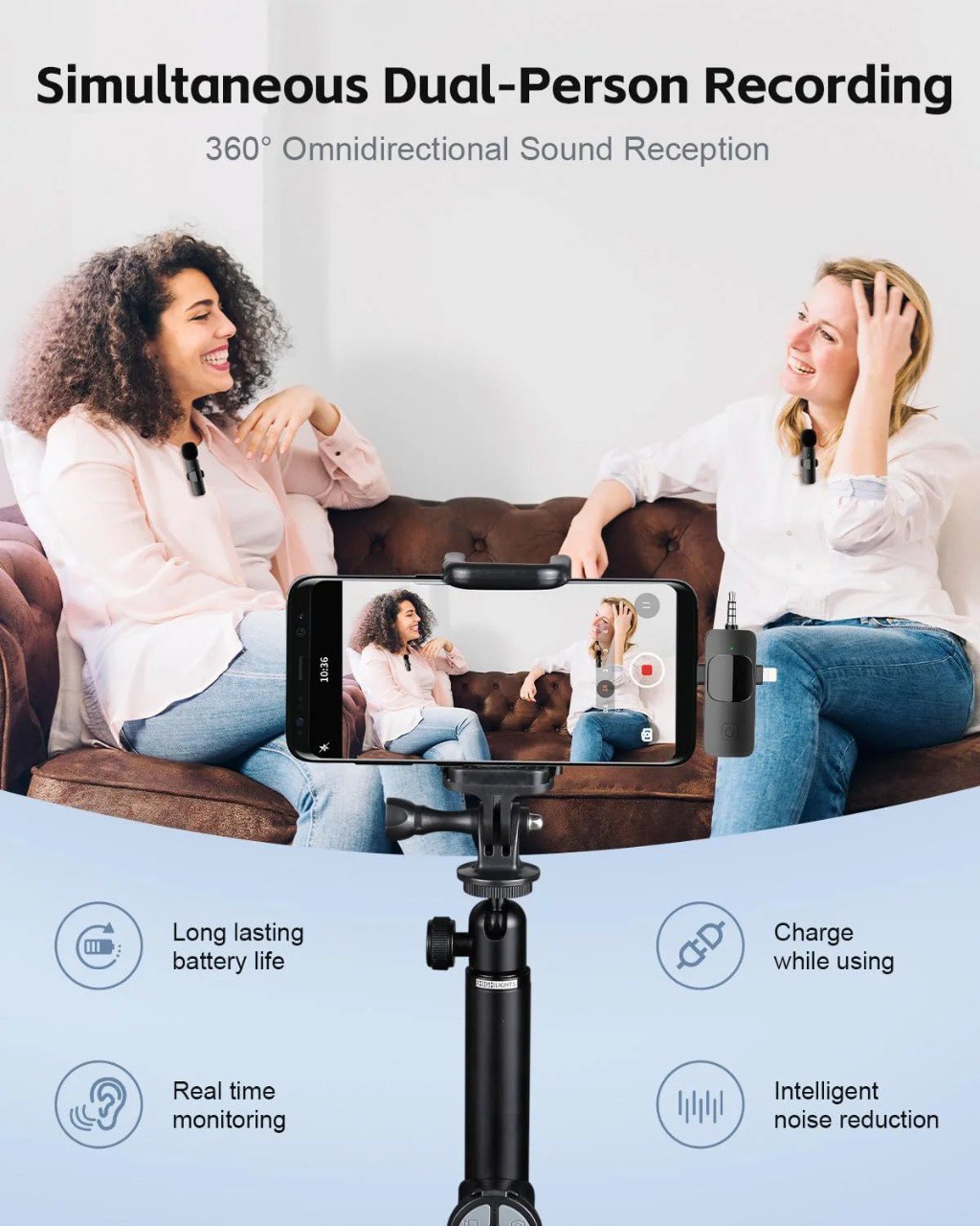 3-in-1 Wireless Mic for iPhone/Android/Camera – Noise Cancelling, Plug & Play, Long Battery