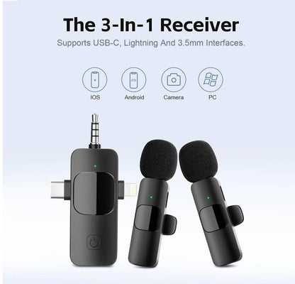 3-in-1 Wireless Mic for iPhone/Android/Camera – Noise Cancelling, Plug & Play, Long Battery